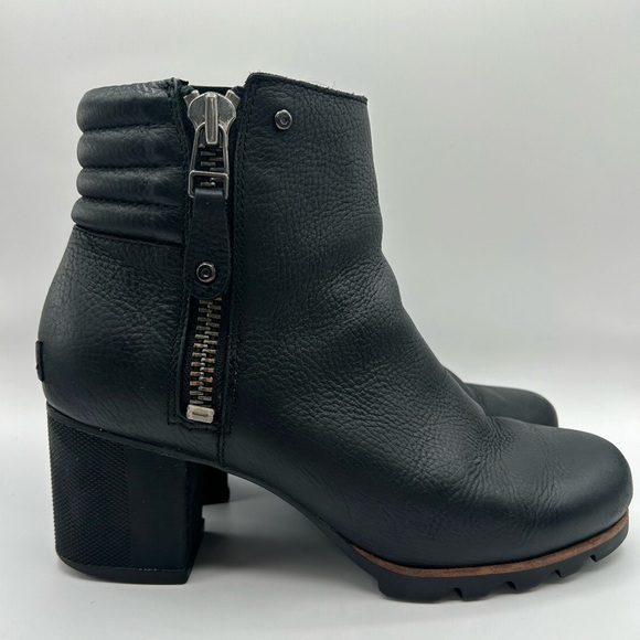 Sorel Women's Black Danica Leather Zip Block Heel Ankle Bootie Sz 10 - Picture 4 of 13